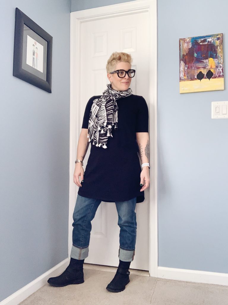 Eileen Fisher organic cotton black shift dress with chicos scarf, jeans and merrell boots
