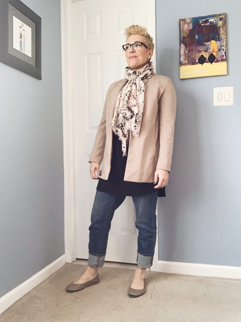 Eileen fisher jacket in bramble and pragnic cotton shift dress in black, printed scarf and jeans from chicos, tieks ballet flats in taupe.