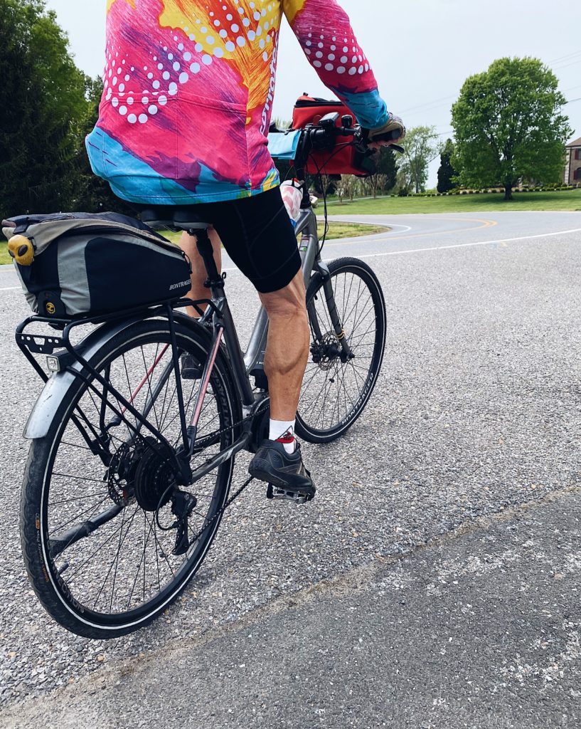 Gretchen's 79 year old father on a bicycle and his incredible calf muscles